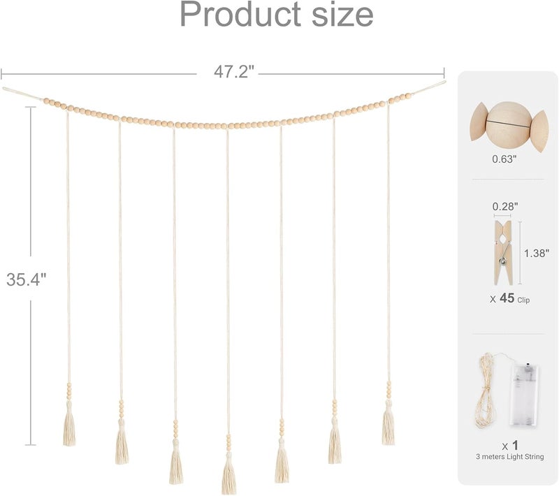 Dahey Macrame Wall Hanging Photo Display Dorm Wall Decor Boho Collage Picture Frame with Wooden Beads Garland Photo String With Clips for Teen Girl College Bedroom Living Room Classroom Christmas Gift - Image 3